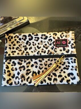 Brand new medium Makeup Junkie Bag Leopard Zip Pouch with Gold Tassel